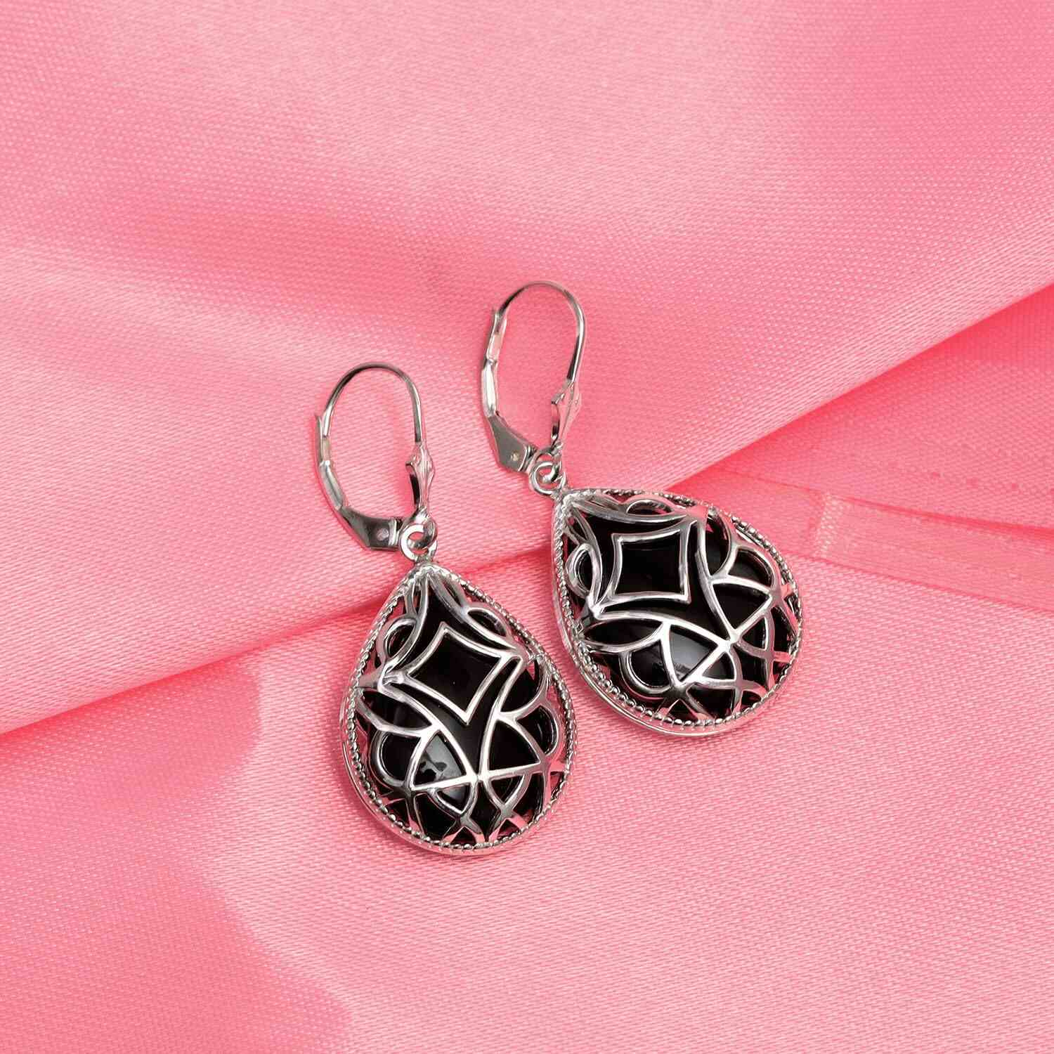 925 Sterling Silver Black Onyx Overlay Pear-Shaped Caged Leverback Drop Dangle Earrings for Women