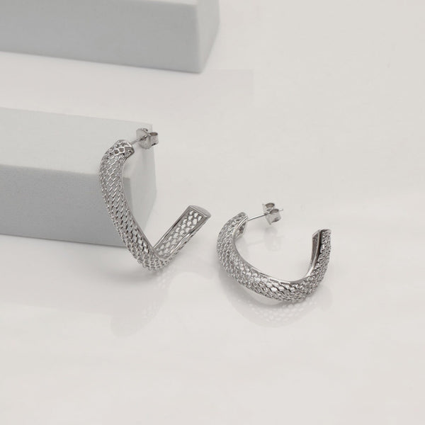 925 Sterling Silver Medium Twisted Mesh Irregular Filigree Hoop Earrings for Women