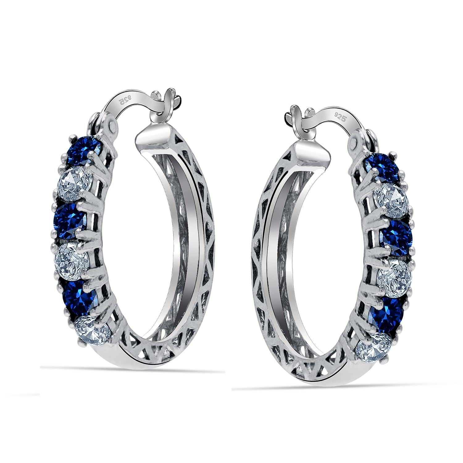 925 Sterling Silver Blue Sapphire and Cubic Zirconia Accent Gemstone Round Click-Top Hoop Earrings for Women