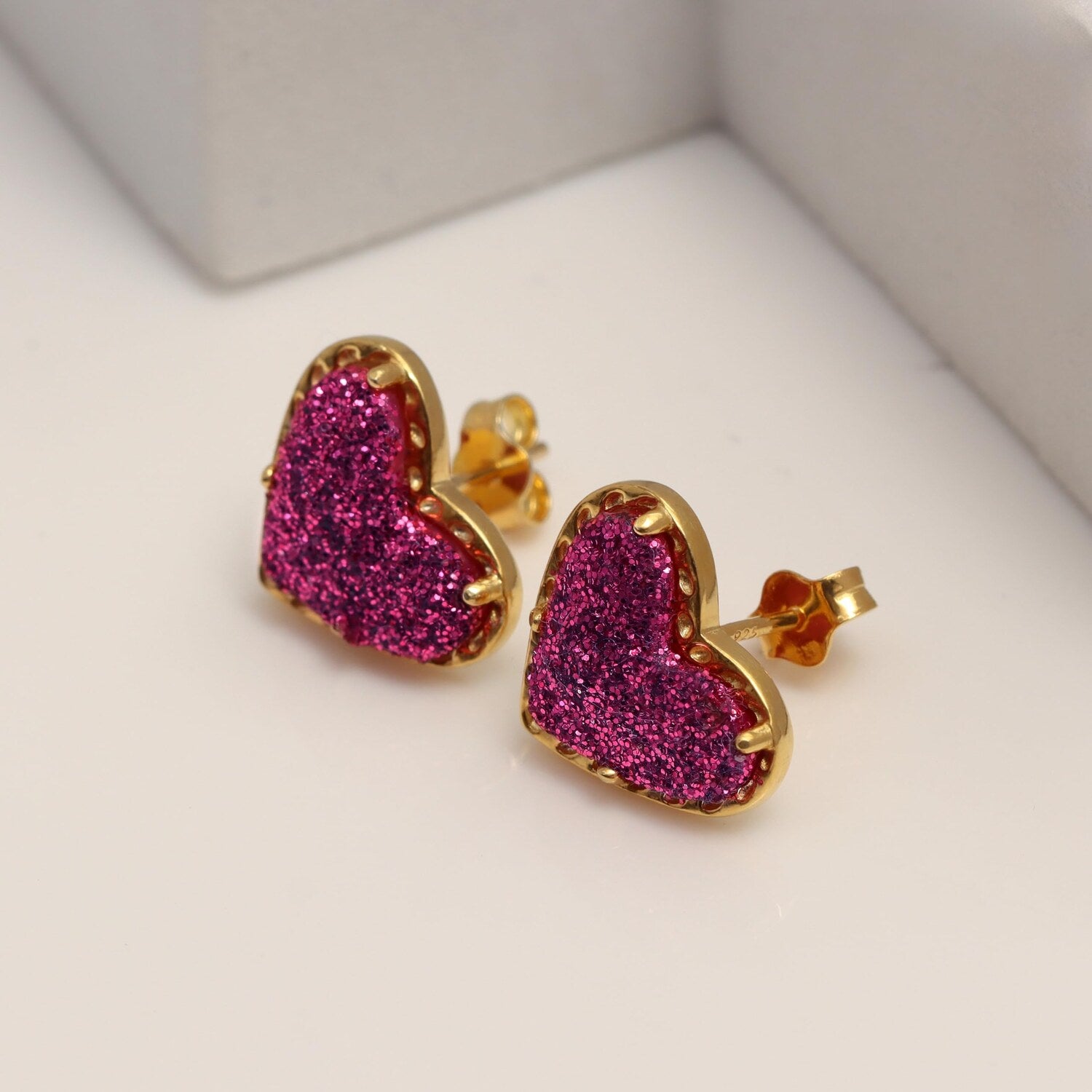 925 Steling Silver 14K Gold-Plated Love Pink Druzy Heart Shaped Stud Earrings for Women