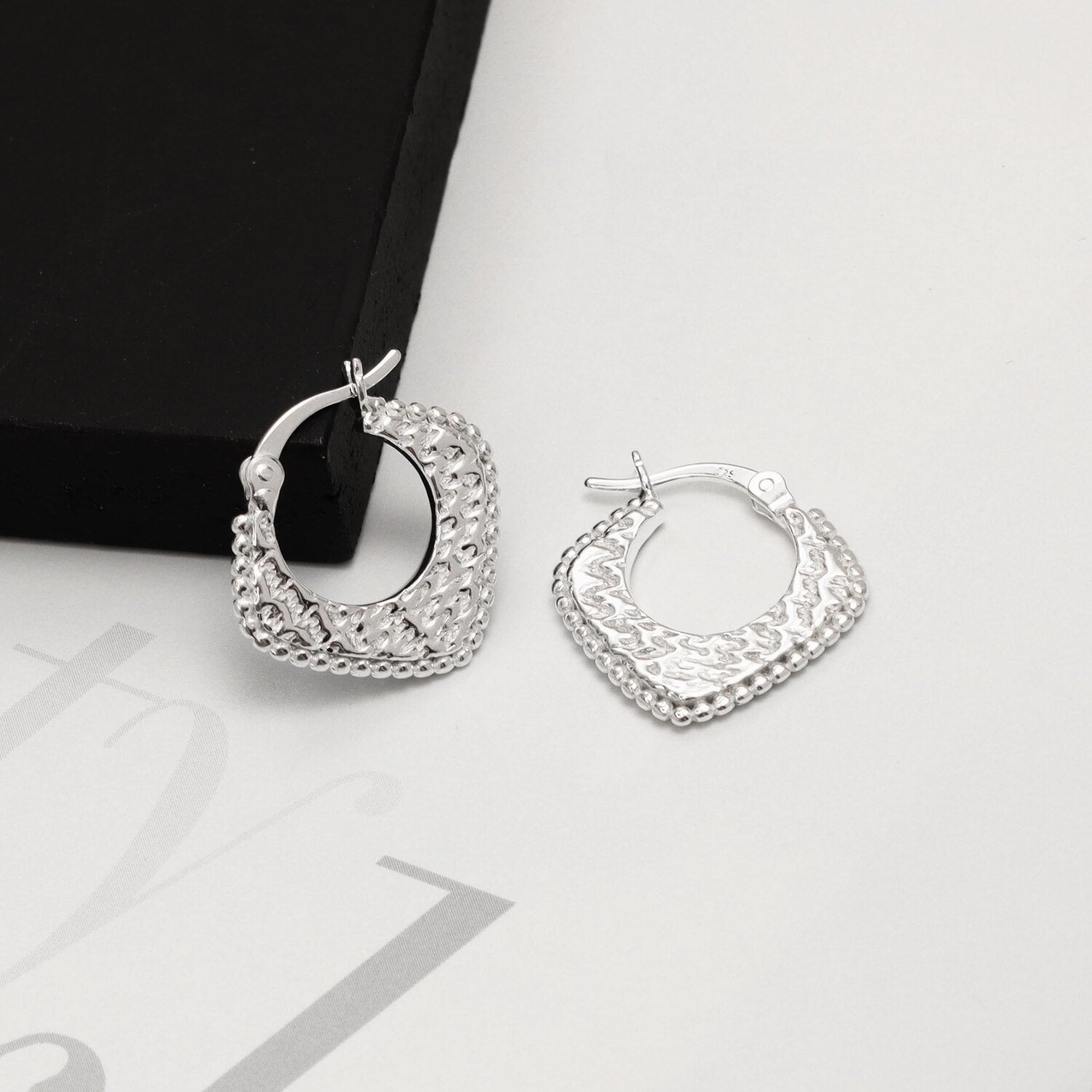 925 Sterling Silver Small Beaded Square Shape Textured Click-Top Hoop Earrings for Women Teen