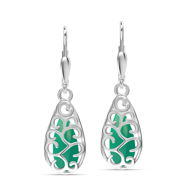 925 Sterling Silve Created Green Turquoise Teardrop Filigree Leverback Drop Dangle Earrings for Women