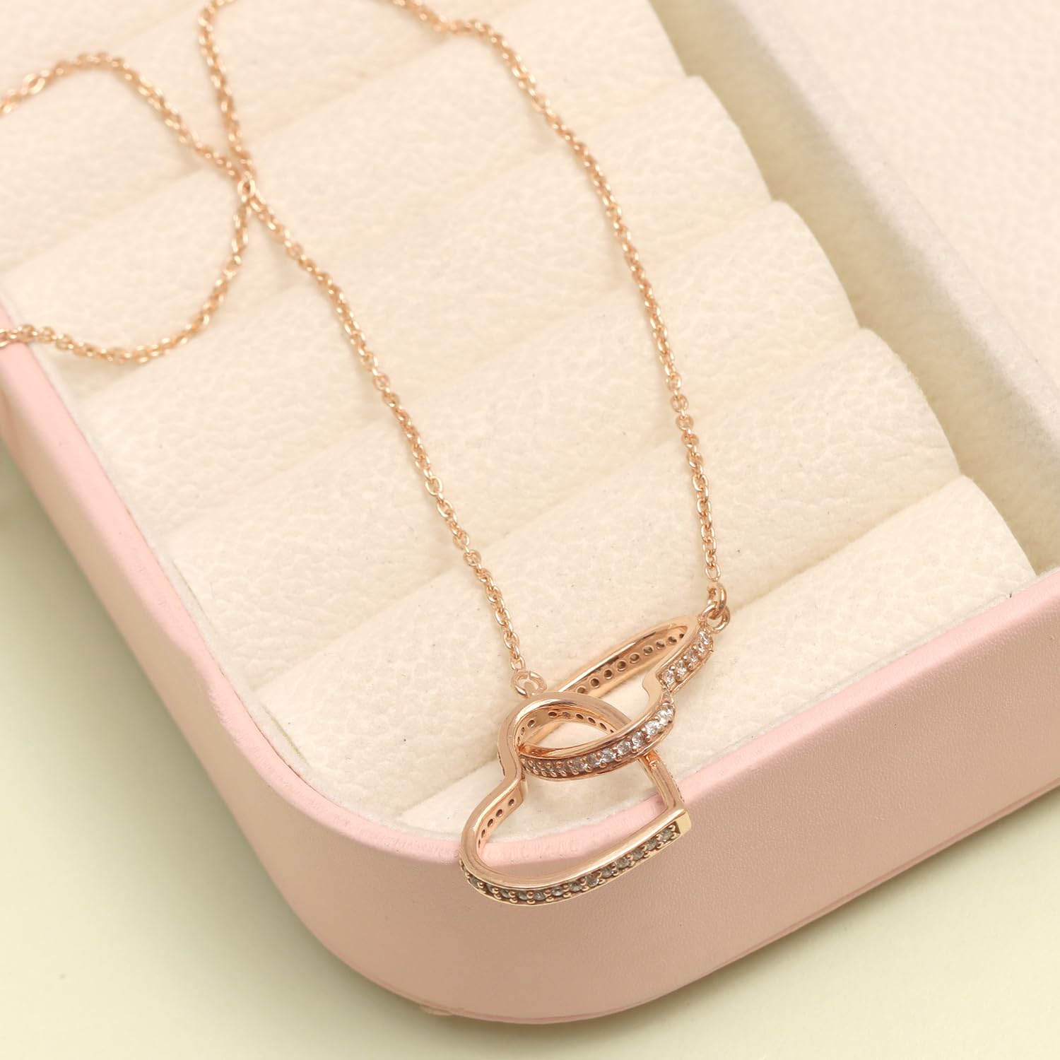 925 Sterling Silver 14K Rose-Gold Plated Interlocked Zirconia Love Heart Pendant Necklace for Women