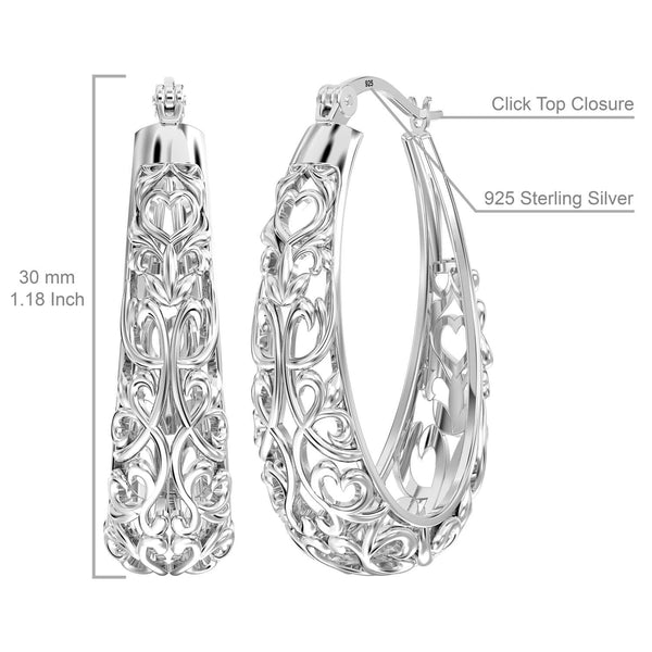 925 Sterling Silver Mesh Filigree Oval Click-Top Hoop Earrings for Women