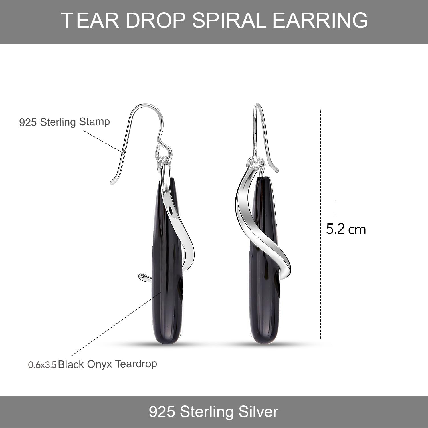 925 Sterling Silve Black Onyx Teardrop Spiral Drop Dangle Earrings for Women