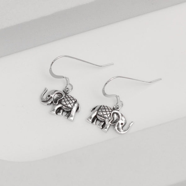 925 Sterling Silve Antique Retro Elephants Animal Themed Dangling Hook Drop Dangle Earrings for Women