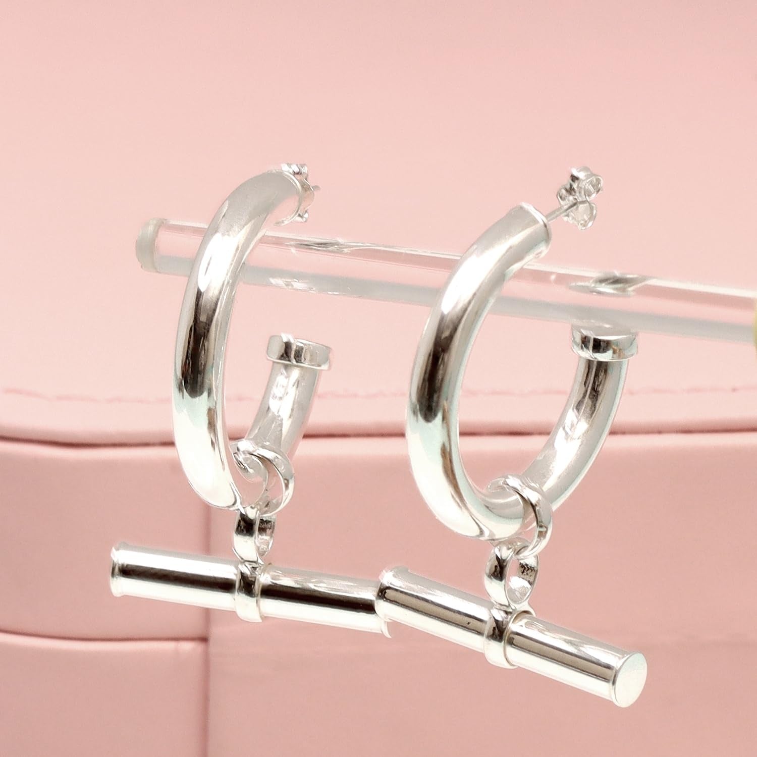 925 Sterling Silver Small T Bar Charm Half Hoop Earrings for Women