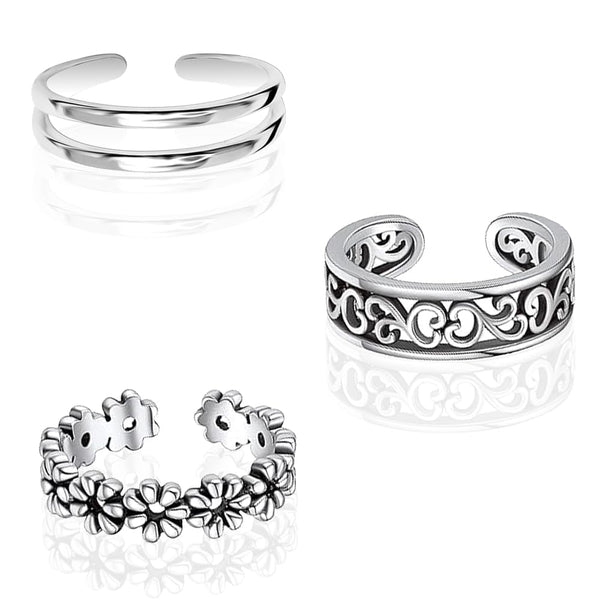 925 Sterling Silver Toe Rings Lightweight Cute Flower Heart Band Ring Open Adjustable Foot Toe Ring for Women 3 Pcs