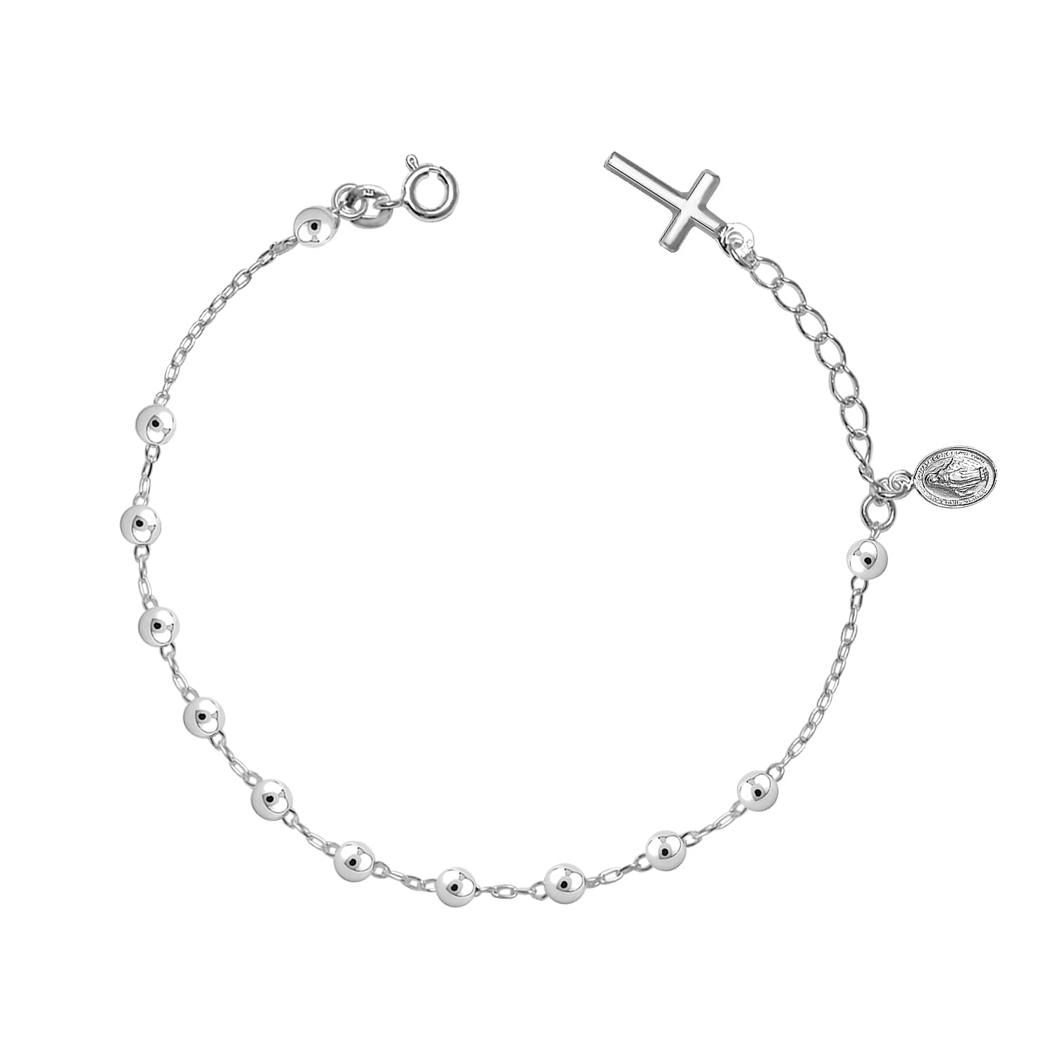 925 Sterling Silver Adjustable Rosary Cross Bead Charm Link Chain Bracelet for Women Teen