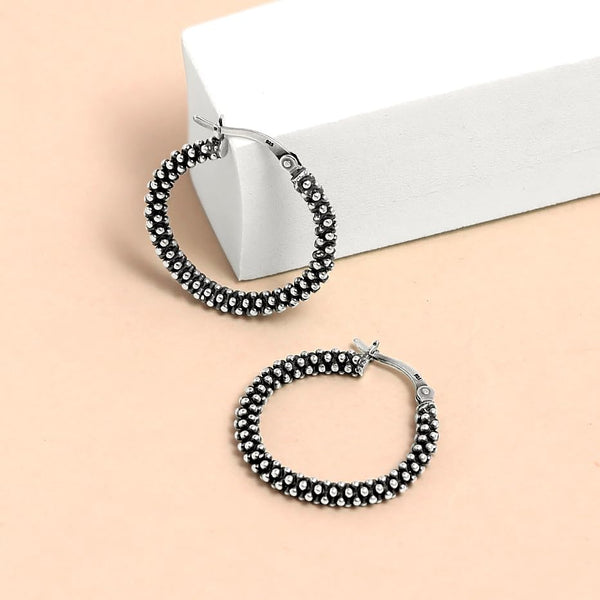 925 Sterling Silver Round Oxidized Metallic Ball Classy Stylish Textured Small Hoop Earrings for Women