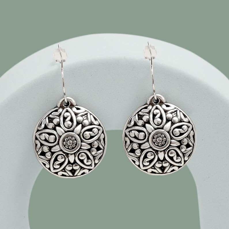 925 Sterling Silver Antique Round Shape Handmade Retro Bali Design French Wire Hook Drop Dangle Earrings for Women