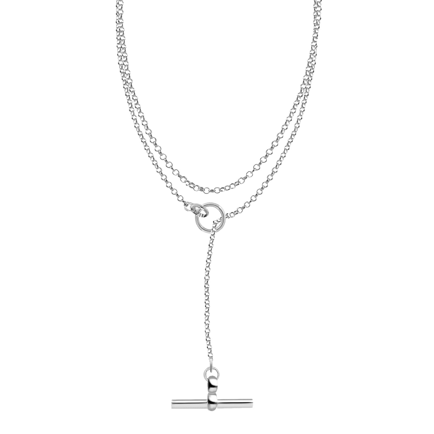 925 Sterling Silver T-Bar Open Circle & Bar Rolo Chain Necklace for Women