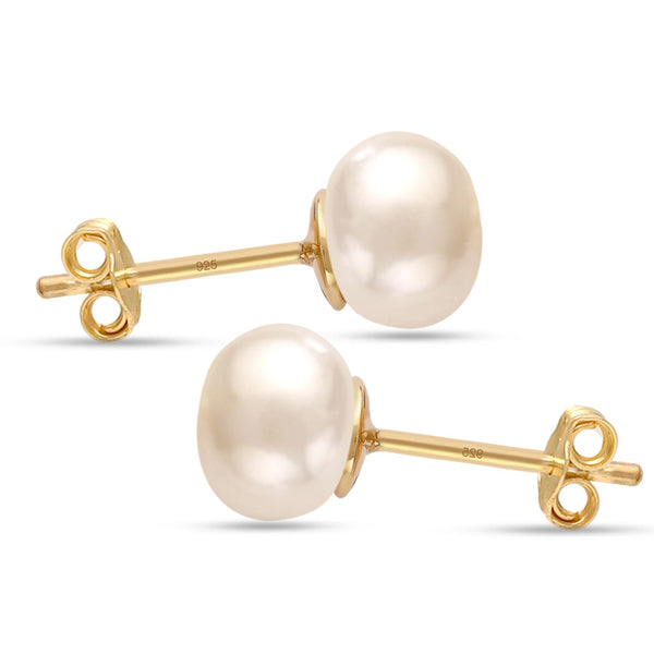 925 Steling Silver 14K Gold-Plated Freshwater Pearl Stud Earrings for Women and Girls