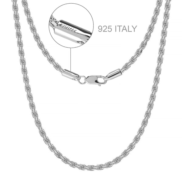 925 Sterling Silver Italian Diamond-Cut Twisted Braided Rope Chain Necklace for Women 0.3CM