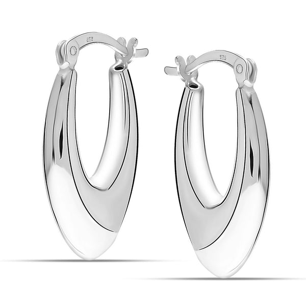 925 Sterling Silver Small Oval Puff V-Shape Vintage Design Plain Click-Top Hoop Earrings for Women