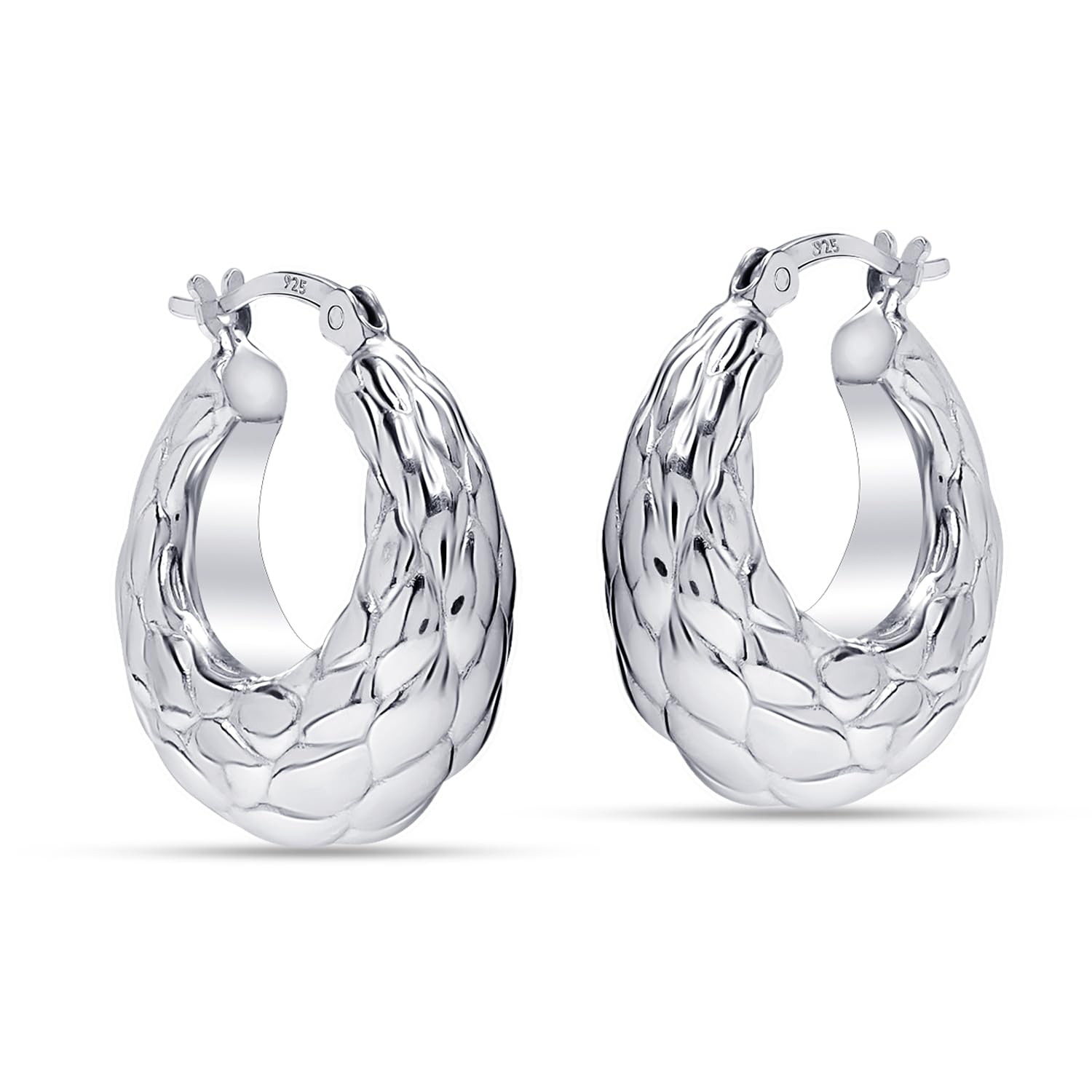 925 Sterling Silver Classic Embossed Texture Chunky Round Shaped Puff Click-Top Hoop Earrings for Women