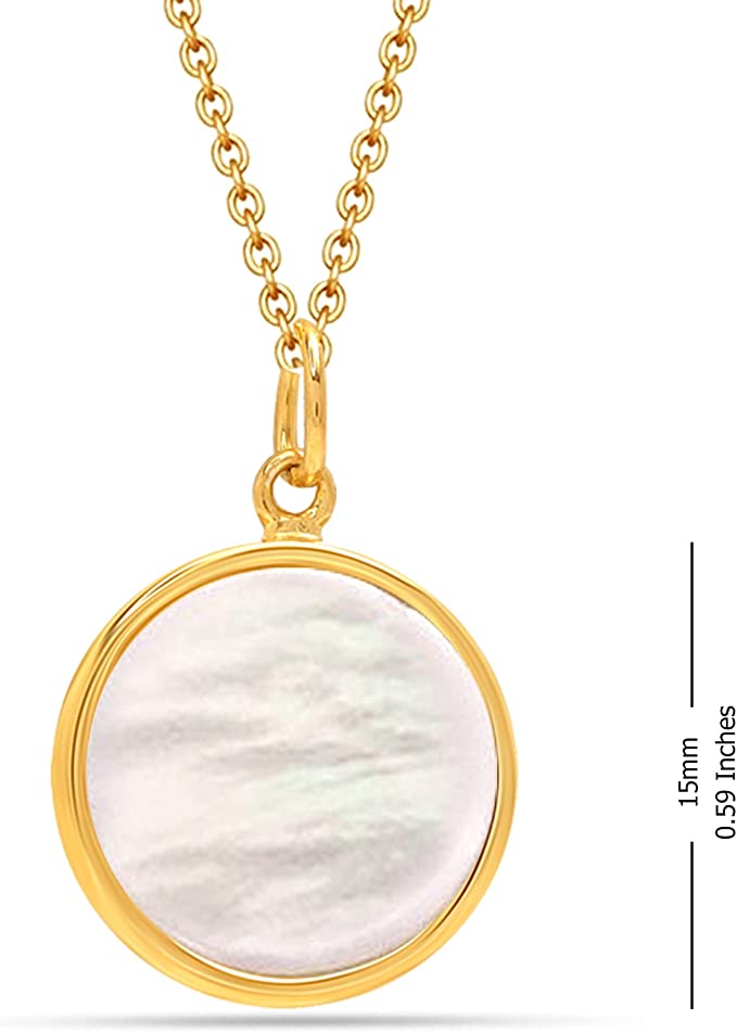 925 Sterling Silver 14K Gold-Plated Mother Of Pearl Circle Disc Pendant Necklace for Women Teen