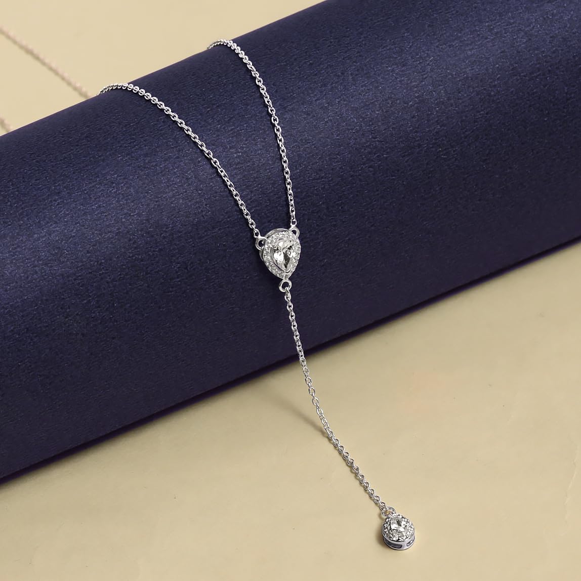 925 Sterling Silver Double CZ Lariat Drop Adjustable Lariat Simple Y Necklace for Women