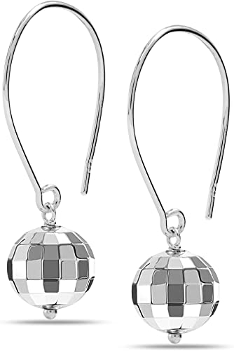 925 Sterling Silver Threader Wire Hammered Mirror Ball Disco Ball Drop Dangle Earring for Women