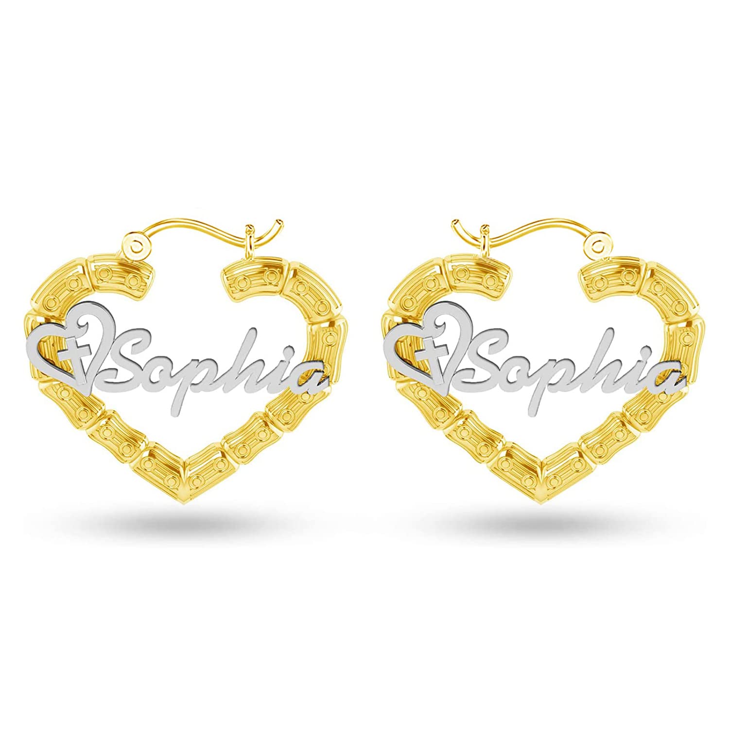 Personalised 925 Sterling Silver Name Heart Bamboo Hoop Earrings for Teen Women