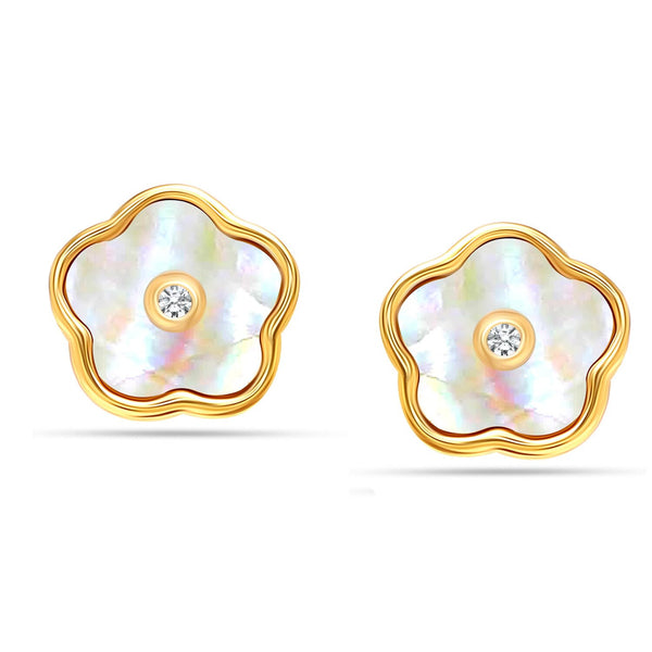 925 Sterling Silver 18K Gold-Plated Mother Of Pearl CZ Flower Stud Earring for Women Teen