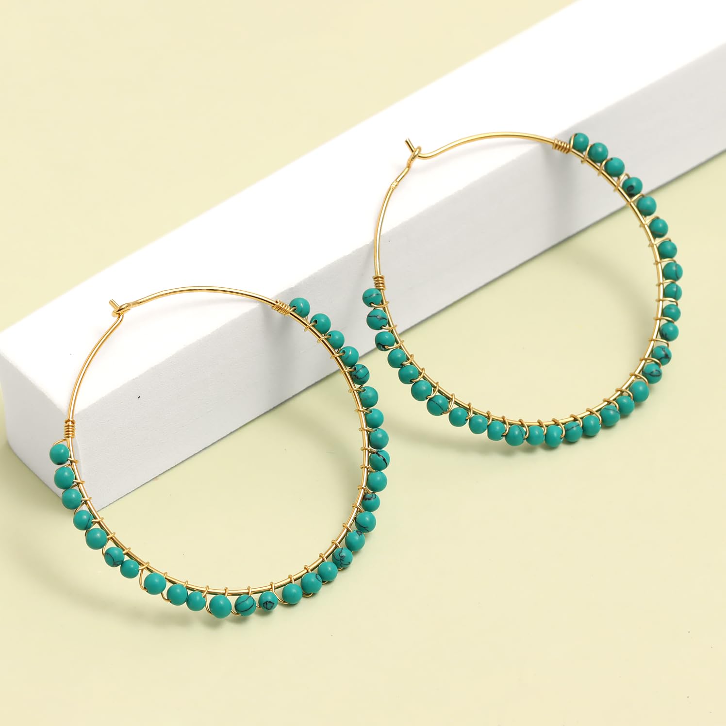 925 Sterling Silver 14K Gold Plated Large Beaded Round Western Turquoise Hoop Earrings for Women