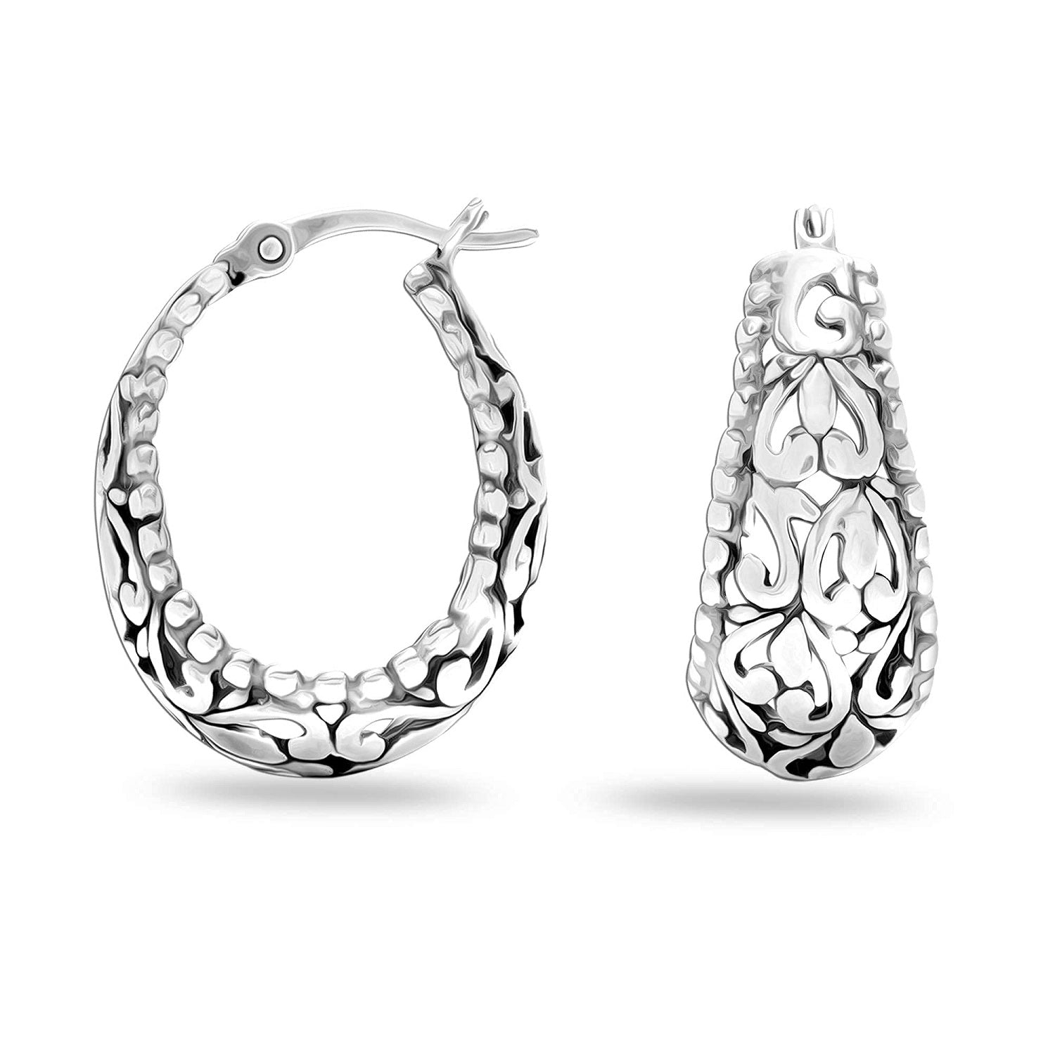 925 Sterling Silver Small Oval Filigree Light-Weight Hoop Earrings for Teen Women