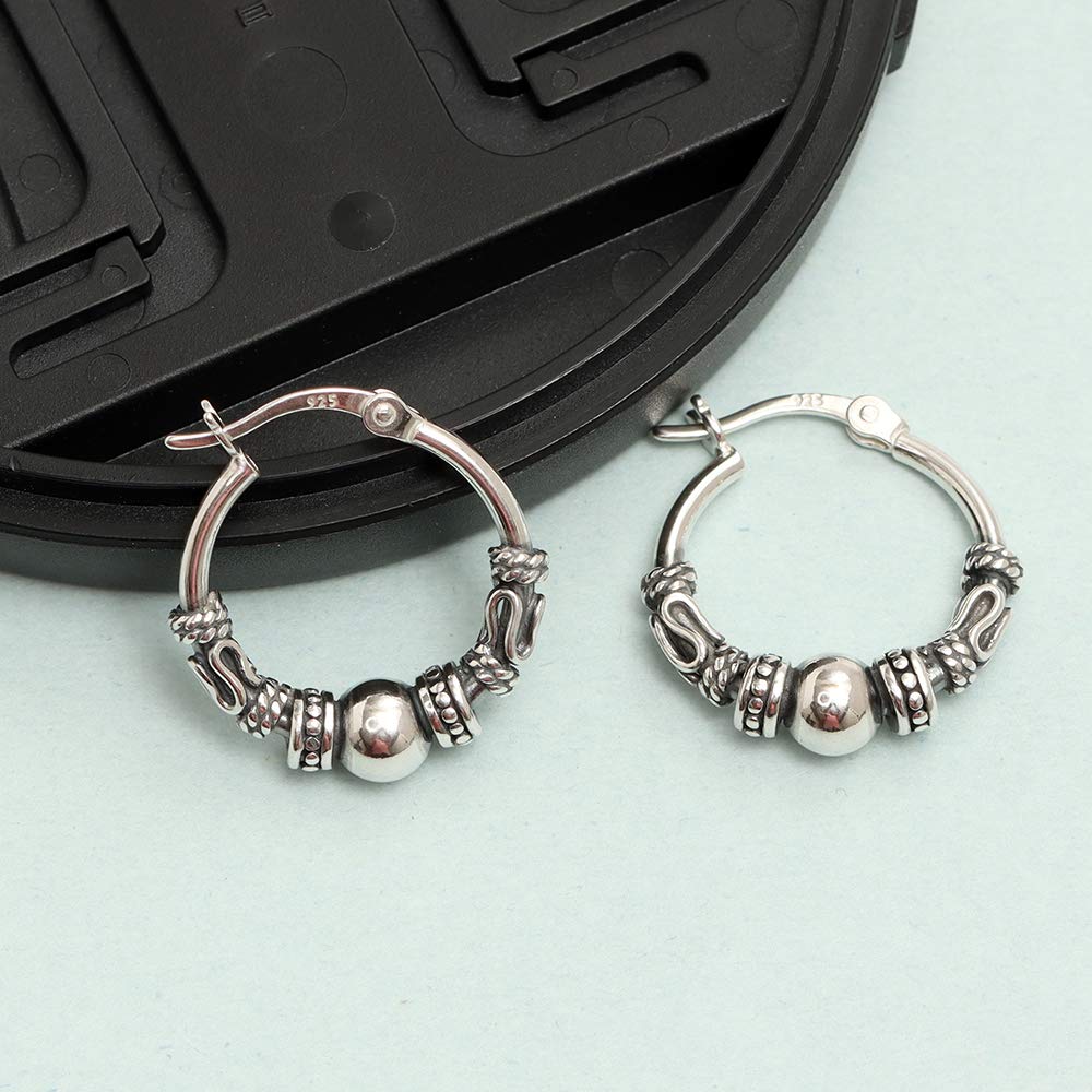 925 Sterling Silver Antique Spiral Bali Hoop Earrings for Women