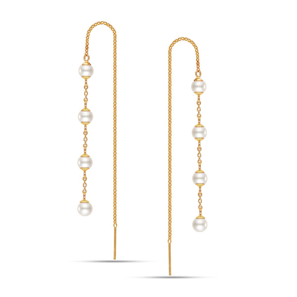 925 Sterling Silver 14K Gold Plated Simulated Pearl Threader Drop Dangle Earrings for Women Teen