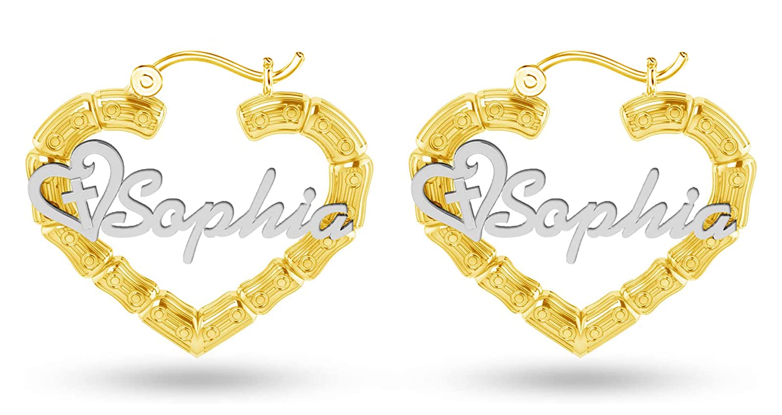 Personalised 925 Sterling Silver Name Heart Bamboo Hoop Earrings for Teen Women