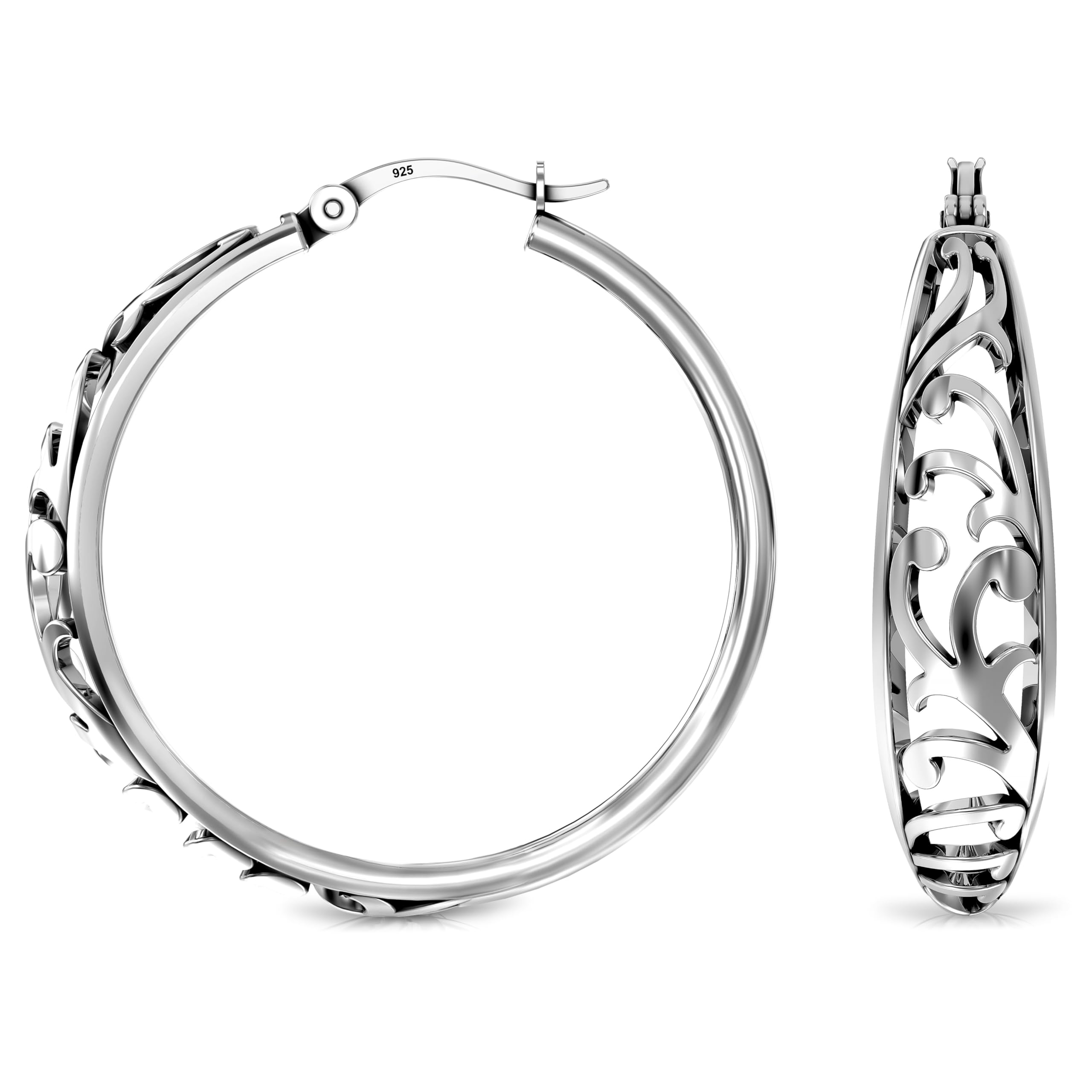 925 Sterling Silver Medium Floral Filigree Hypoallergenic Round Shape Intricate Cutout Design Click-Top Hoop Earrings for Women