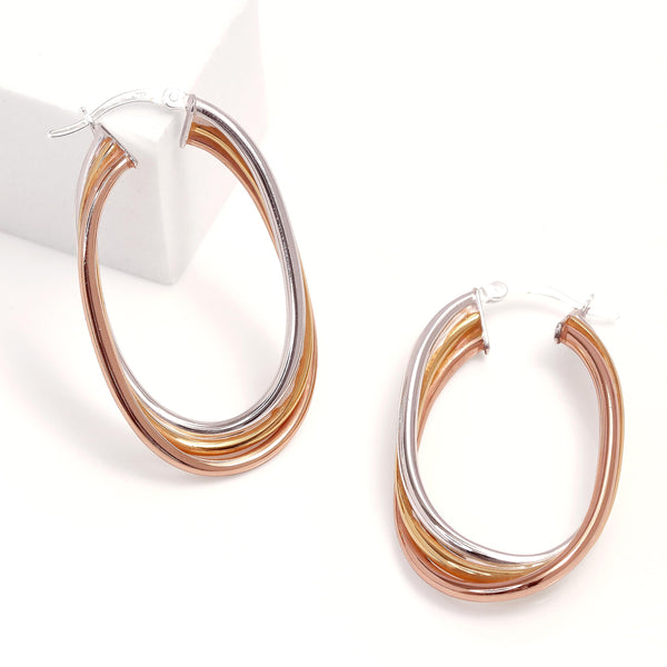 925 Sterling Silver 14K Three Tone Lightweight Italian Design Intertwined Hoop Earrings for Women