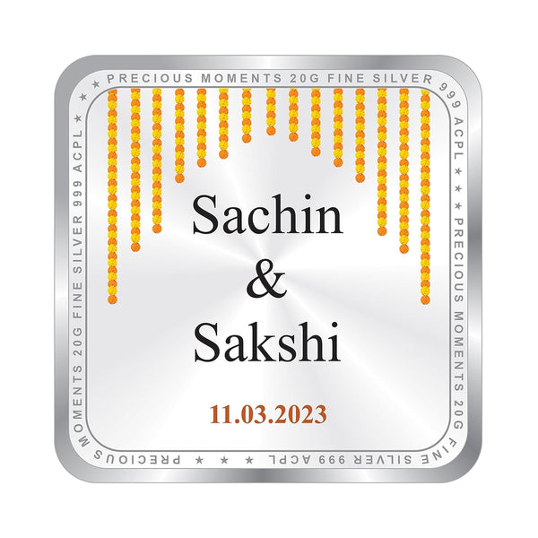 BIS Hallmarked Personalised Silver Square Coin for Newly Married Anniversary 999 Purity