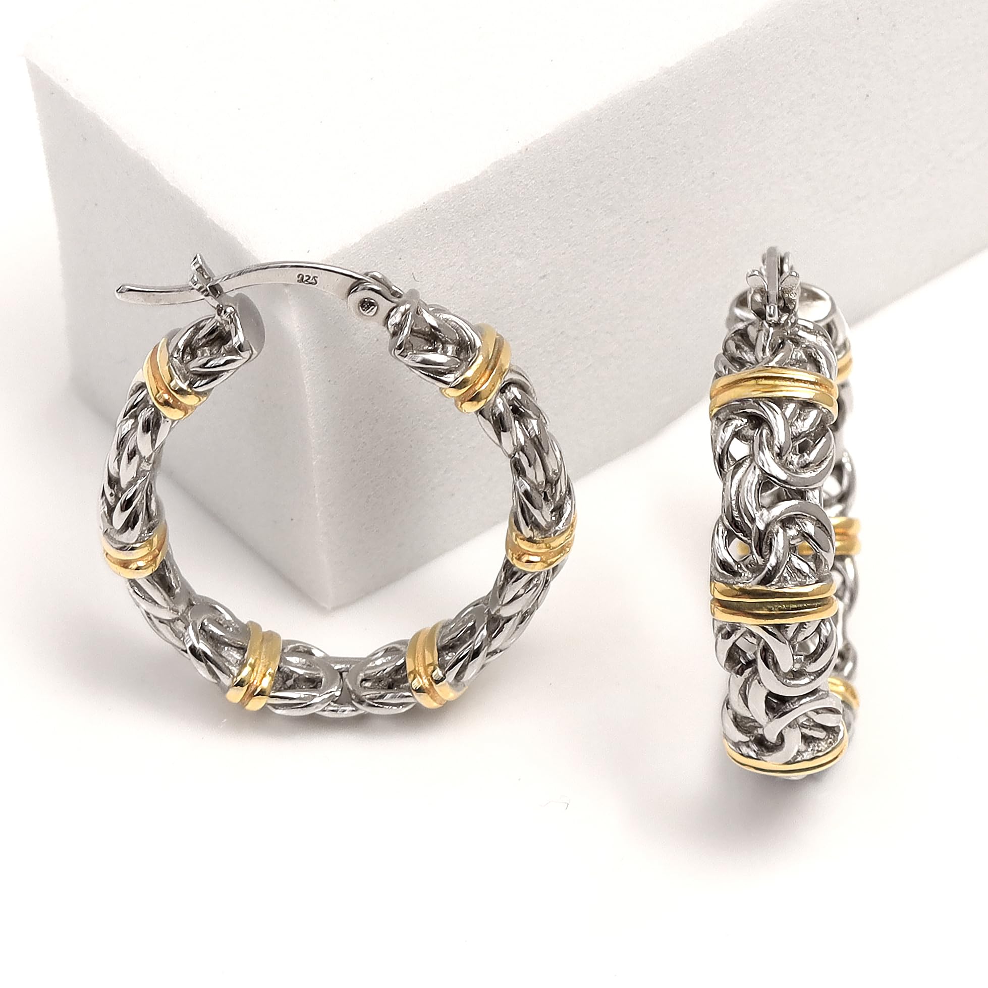 925 Sterling Silver 14K Gold-Plated Byzantine Station Two-Tone Click-Top Hoop Earrings for Women