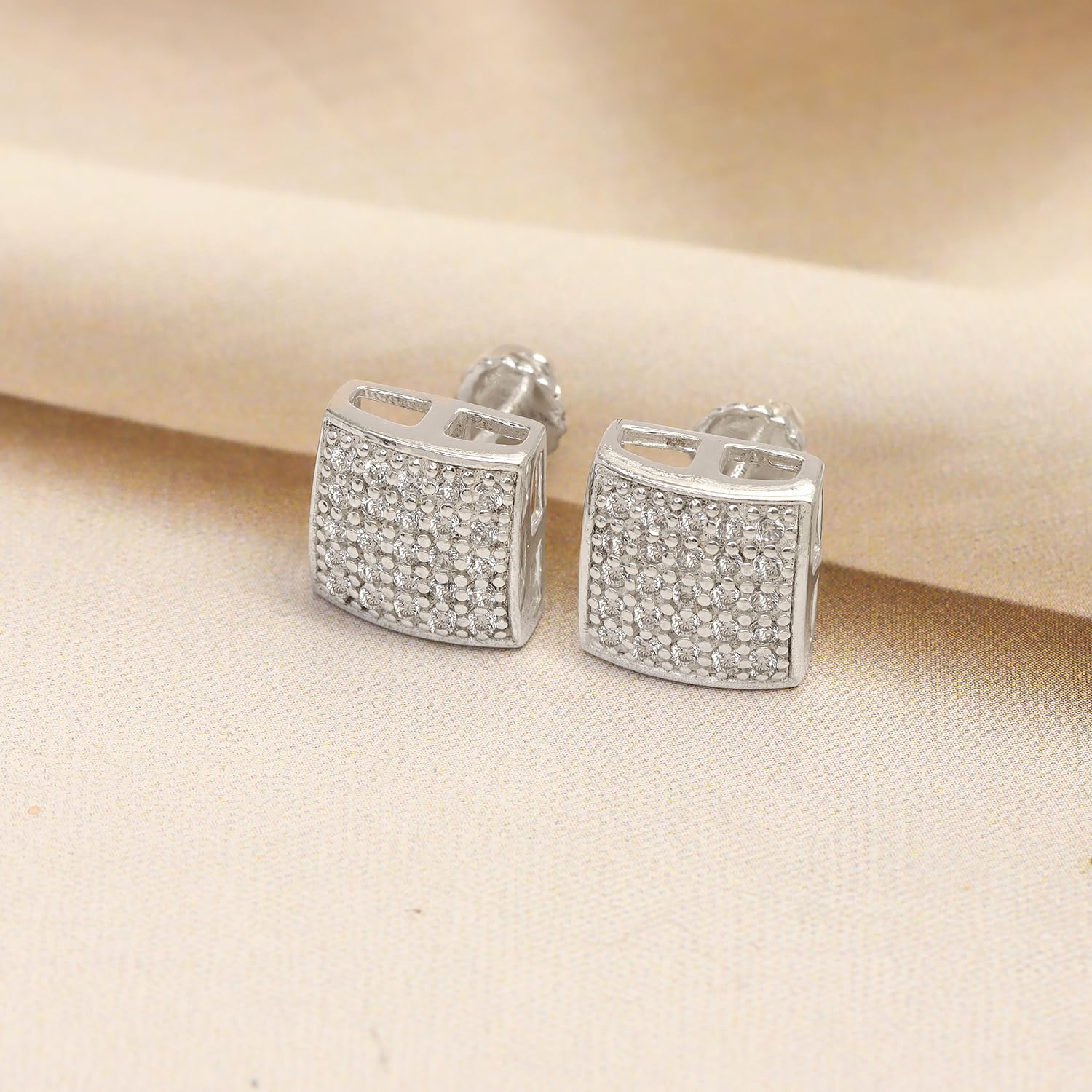 925 Sterling Silver Classic Micro Pave Cubic Zirconia Square Shape Stud Earrings for Men