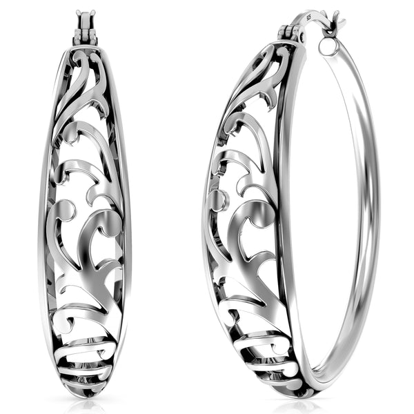 925 Sterling Silver Medium Floral Filigree Hypoallergenic Round Shape Intricate Cutout Design Click-Top Hoop Earrings for Women