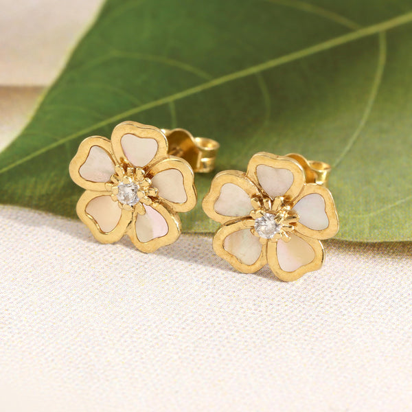 925 Sterling Silver 14K Gold-Plated Mother Of Pearl CZ Flower Stud Earrings for Women Teen