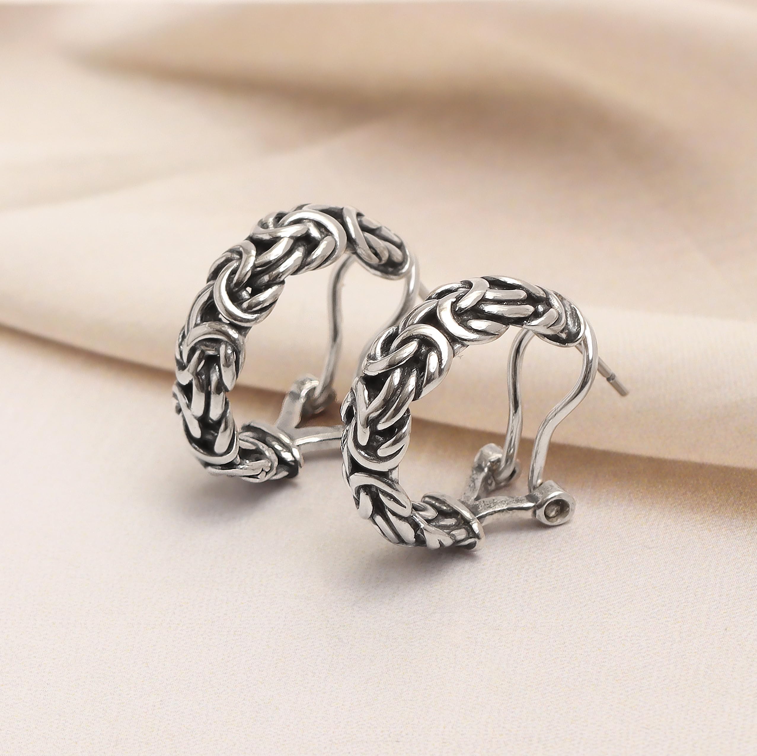 925 Sterling Silver Antique Byzantine Inspired Omega Back Clip-On Hoop Earrings for Women