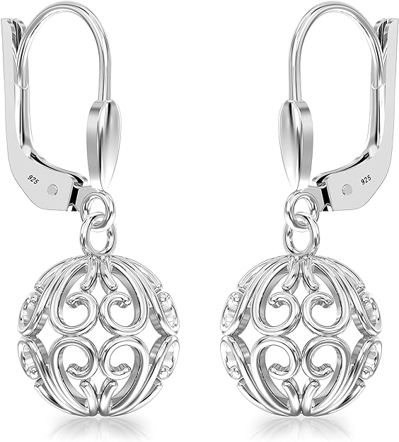 925 Sterling Silver Heart Theme Filigree Ball Leverback Dangle Earrings for Teen Women