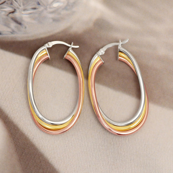 925 Sterling Silver 14K Three Tone Lightweight Italian Design Intertwined Hoop Earrings for Women