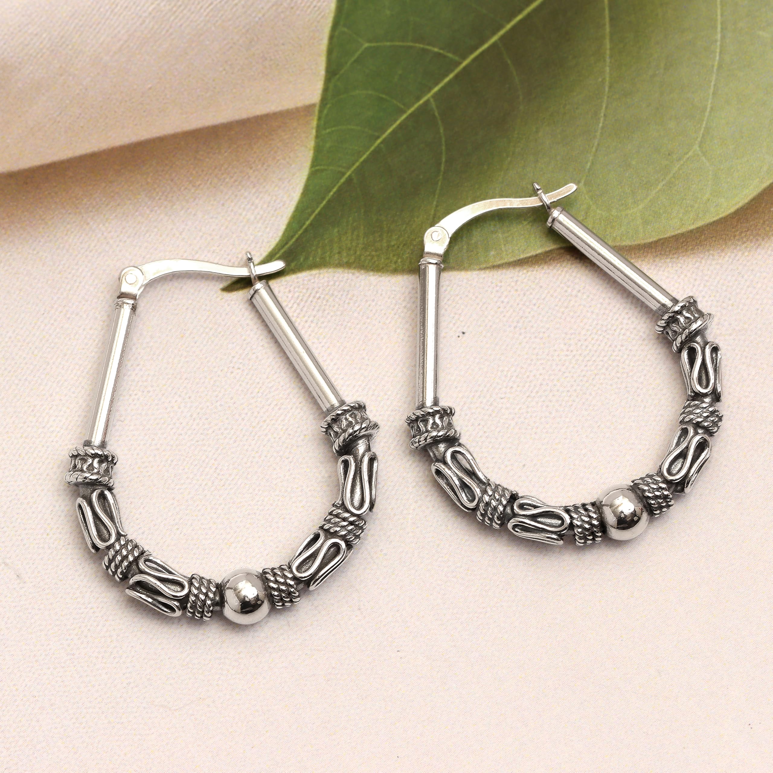 925 Sterling Silver Antique Vintage Balinese Art Inspired Boho Tribal Oval Shape Hoop Earrings for Women