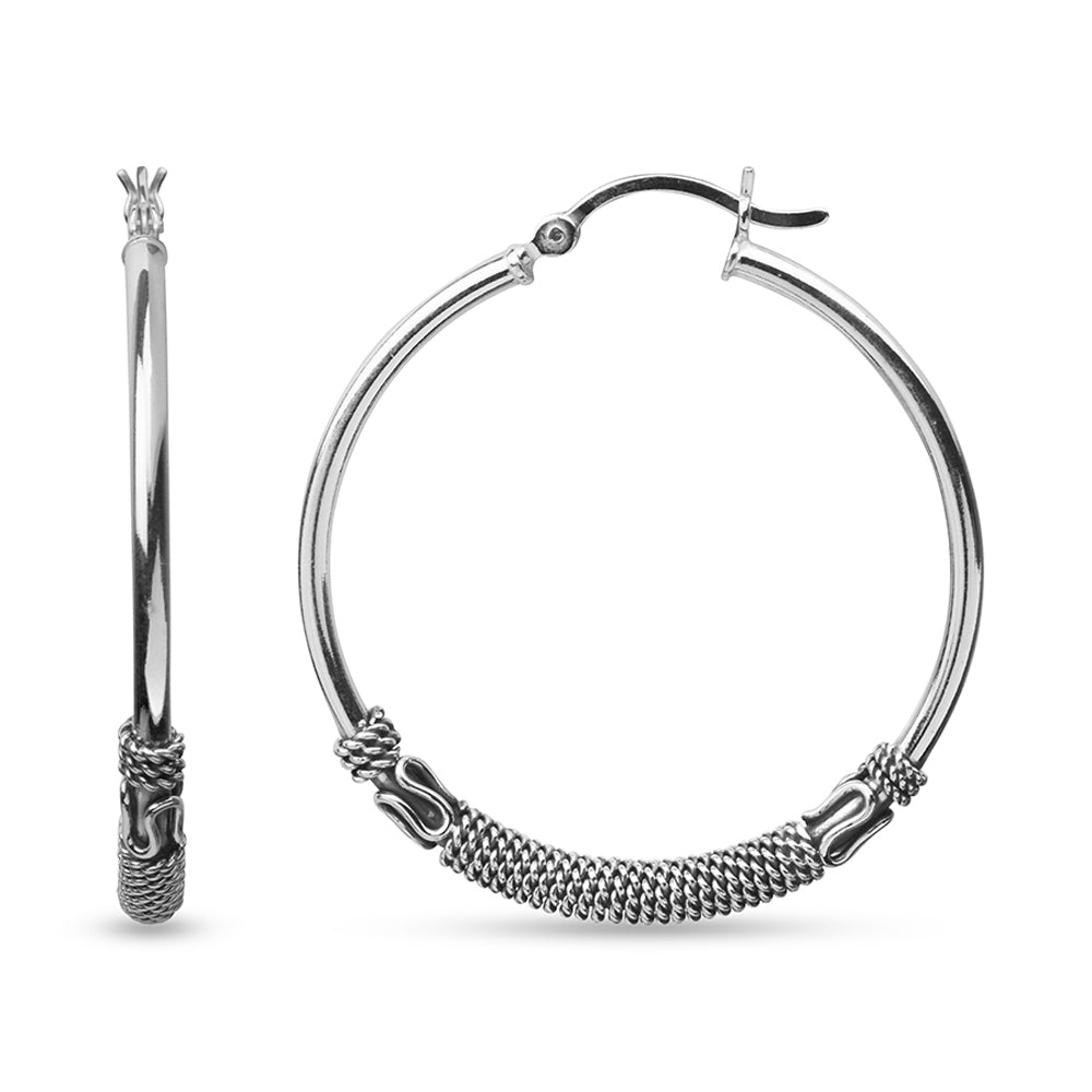 925 Sterling Silver Antique Balinese Large Hoops Earring for Women