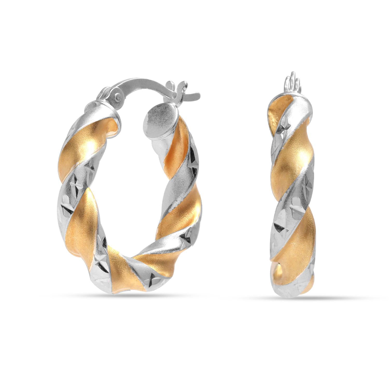 925 Sterling Silver 14K Gold Plated Three Tone Light Weight Italian Design Hoop Earrings for Women Girls