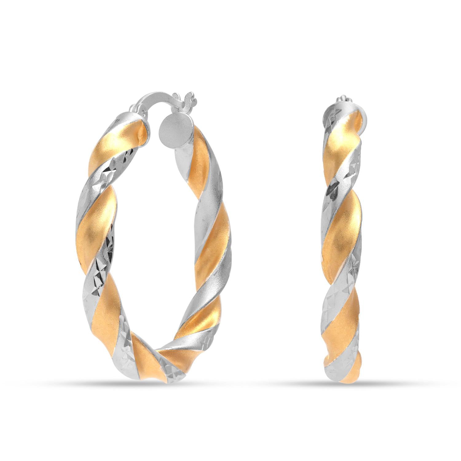 925 Sterling Silver 14K Gold Plated Three Tone Light Weight Italian Design Hoop Earrings for Women Girls