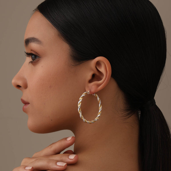 925 Sterling Silver 14K Gold Plated Three Tone Light Weight Italian Design Hoop Earrings for Women Girls