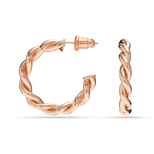 925 Sterling Silver Jewellery Rose-Gold Plated Rope Round Twisted Italian Hoop Earrings for Women