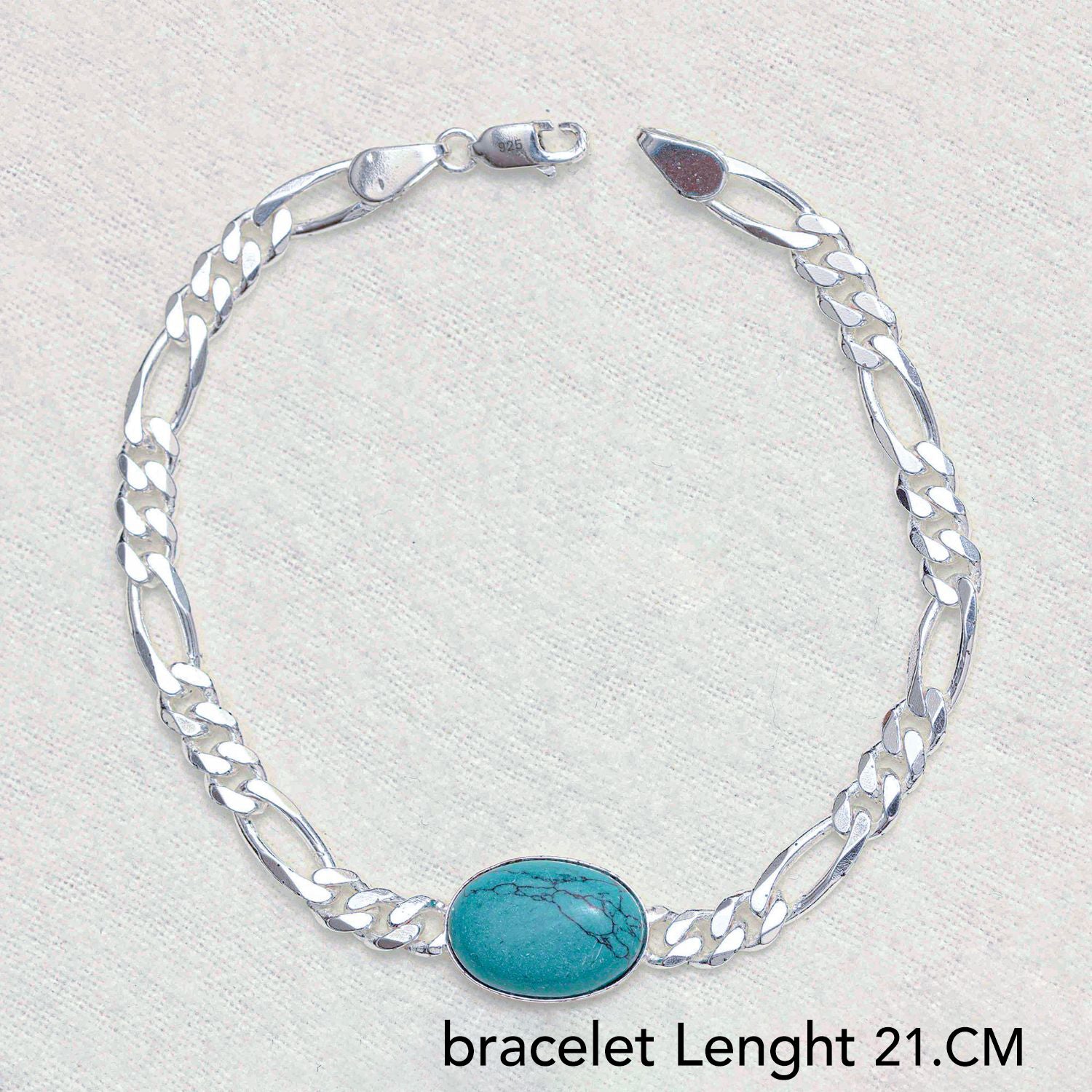 925 Sterling Silver Figaro Chain Turquoise Stone Salman Khan Bracelet for Men and Boys 21 CM