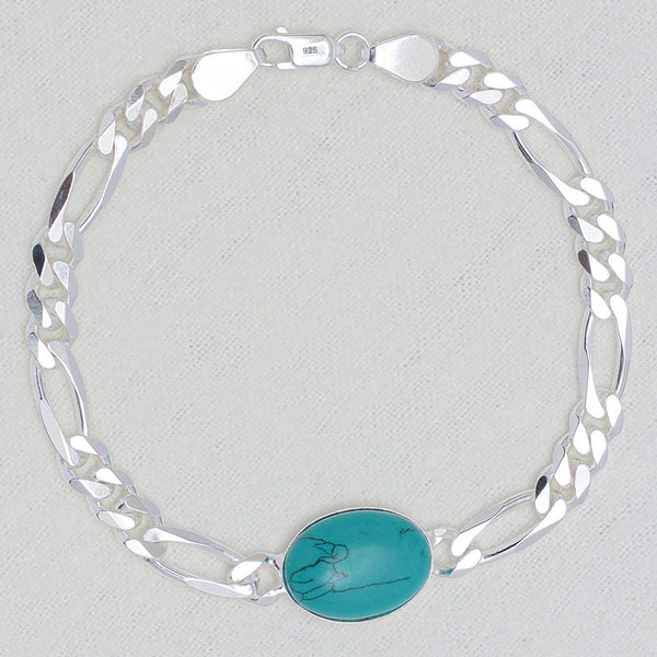 925 Sterling Silver Designer Figaro Chain Turquoise Stone Salman Khan Bracelet for Men and Boys 21 CM