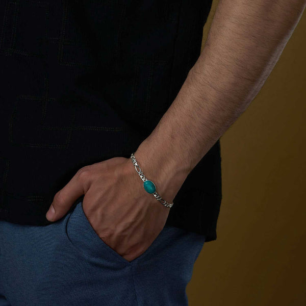 925 Sterling Silver Designer Figaro Chain Turquoise Stone Salman Khan Bracelet for Men and Boys 21 CM