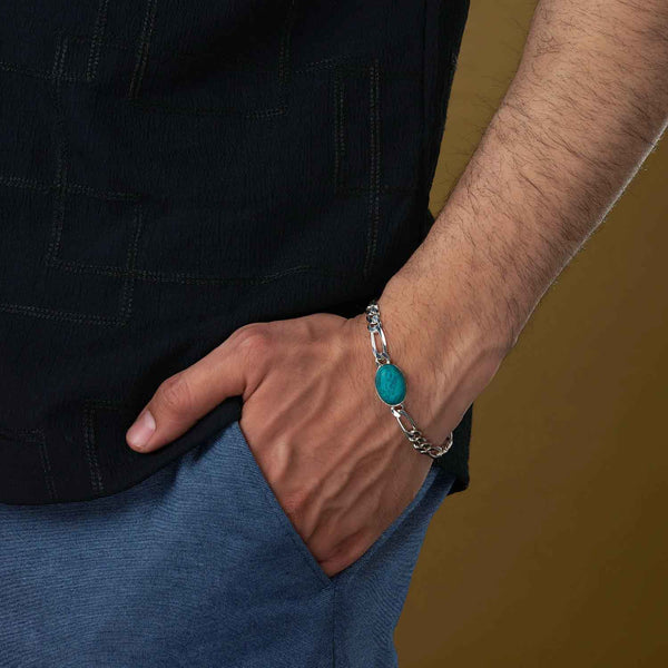 925 Sterling Silver Fancy Figaro Chain Turquoise Stone Salman Khan Bracelet for Men and Boys 21 CM